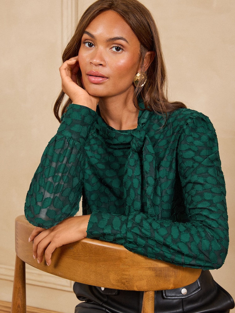 Love & Roses Forest Green Textured Animal Jersey Tie Neck Top - Image 2 of 4 Love & Roses Forest Green Textured Animal Jersey Tie Neck Top - Image 2 of 4