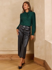 Love & Roses Forest Green Textured Animal Jersey Tie Neck Top - Image 3 of 4