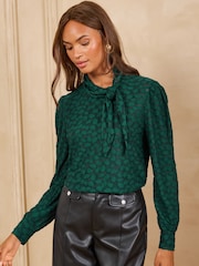 Love & Roses Forest Green Textured Animal Jersey Tie Neck Top - Image 4 of 4