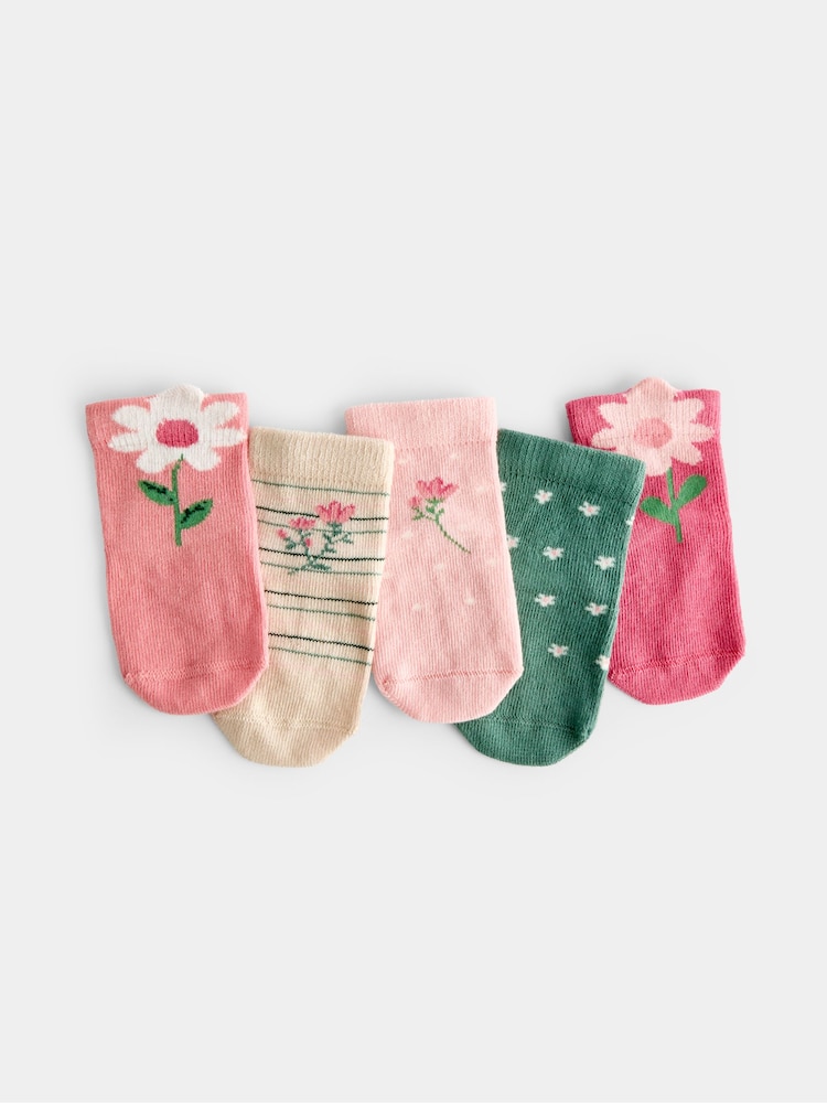 JoJo Maman Bébé Pink Flower 5-Pack Socks - Image 1 of 5
