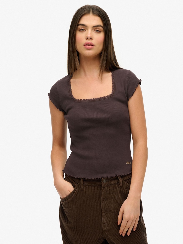 Superdry Brown Athletic Essential Square Neck T-Shirt - Image 1 of 5 Superdry Brown Athletic Essential Square Neck T-Shirt - Image 1 of 5