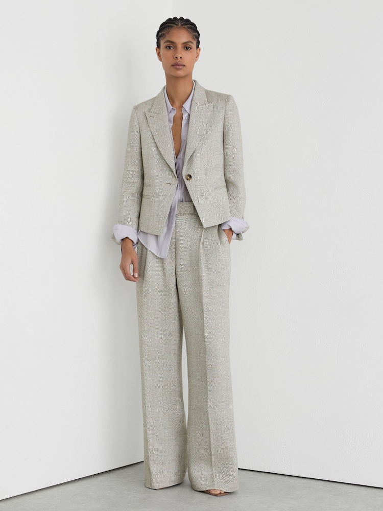 Reiss Neutral Ezra Petite Herringbone Linen-Blend Cropped Suit Blazer - Image 1 of 8