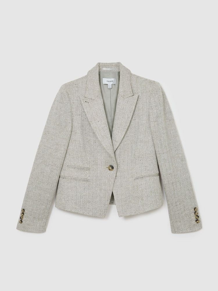Reiss Neutral Ezra Petite Herringbone Linen-Blend Cropped Suit Blazer - Image 2 of 8