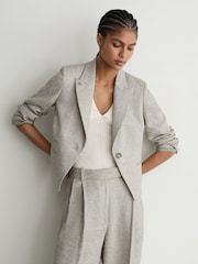 Reiss Neutral Ezra Petite Herringbone Linen-Blend Cropped Suit Blazer - Image 6 of 8