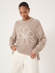 Hush Natural Wool Blend Crew Neck Jumper with Flower Motif - Image 1 of 5