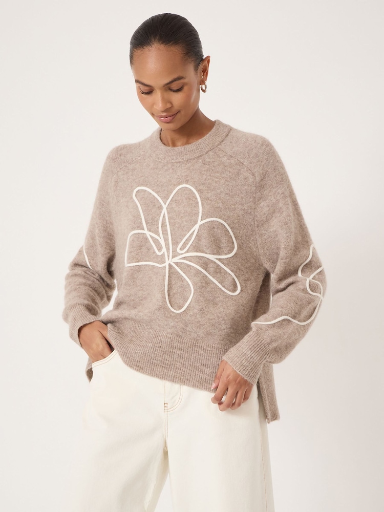 Hush Natural Wool Blend Crew Neck Jumper with Flower Motif - Image 1 of 5 Hush Natural Wool Blend Crew Neck Jumper with Flower Motif - Image 1 of 5