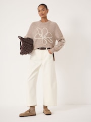 Hush Natural Wool Blend Crew Neck Jumper with Flower Motif - Image 3 of 5