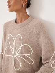 Hush Natural Wool Blend Crew Neck Jumper with Flower Motif - Image 4 of 5