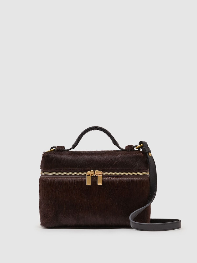 Reiss Chocolate Ines Pony Hair-Effect Vanity Crossbody Bag - Image 1 of 6
