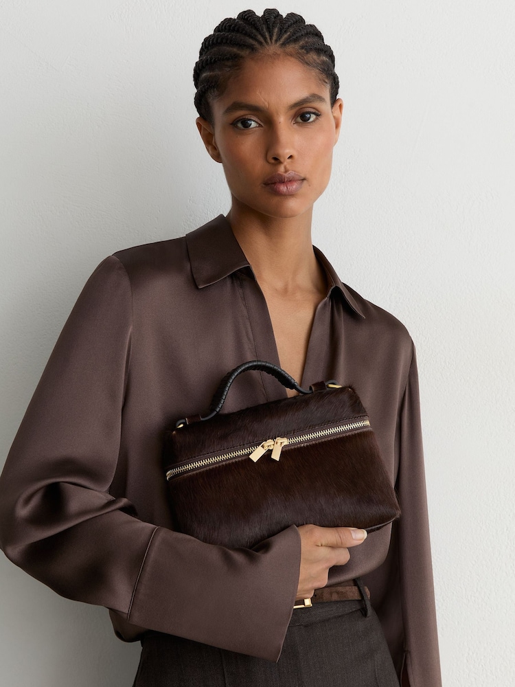 Reiss Chocolate Ines Pony Hair-Effect Vanity Crossbody Bag - Image 2 of 6