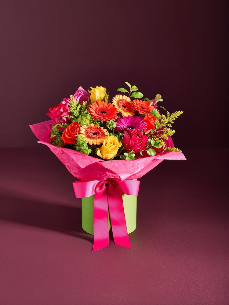 Multi Mother's Day Bright Rose and Germini Fresh Flower Bouquet in Hatbox - Image 1 of 4
