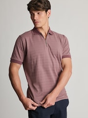 Brook Taverner Purple Popcorn Textured Stripe Zip Neck Cotton Polo Shirt - Image 1 of 4
