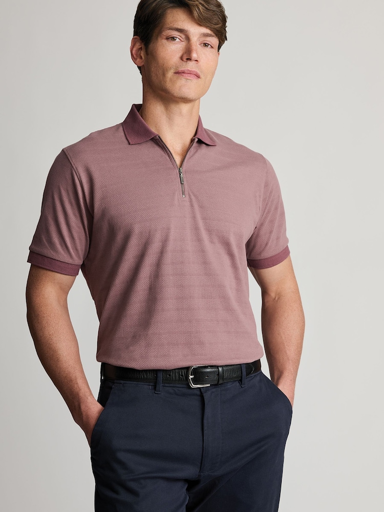 Brook Taverner Purple Popcorn Textured Stripe Zip Neck Cotton Polo Shirt - Image 2 of 4 Brook Taverner Purple Popcorn Textured Stripe Zip Neck Cotton Polo Shirt - Image 2 of 4