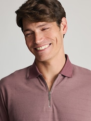 Brook Taverner Purple Popcorn Textured Stripe Zip Neck Cotton Polo Shirt - Image 4 of 4