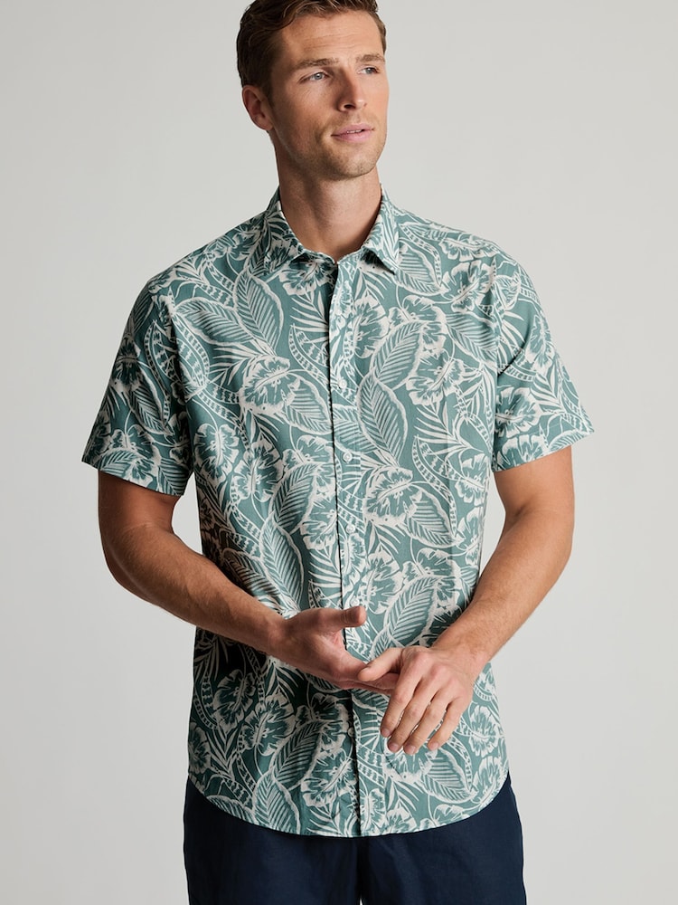 Brook Taverner Light Blue Botanical Print Slub Cotton Short Sleeve Shirt - Image 1 of 5