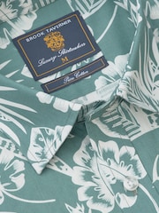 Brook Taverner Light Blue Botanical Print Slub Cotton Short Sleeve Shirt - Image 4 of 5