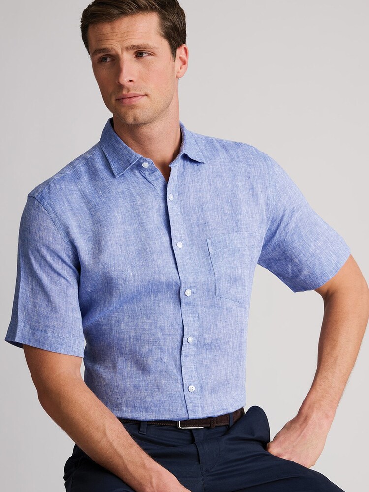 رمادي - Brook Taverner Pure Linen Short Sleeve Shirt - Image 1 of 5
