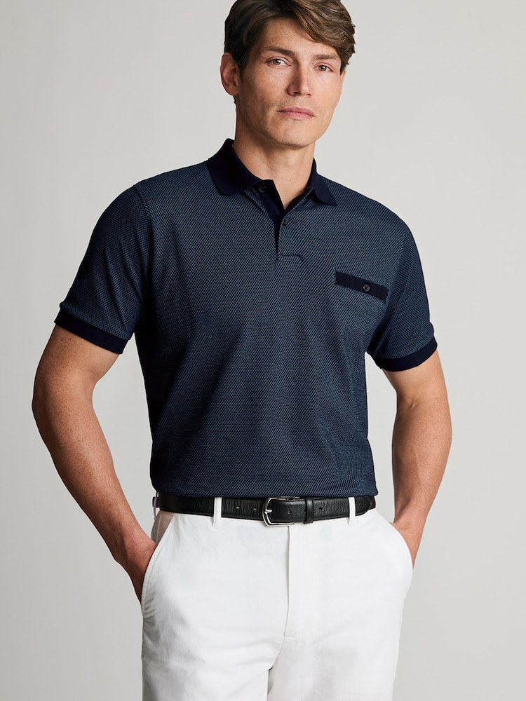 Brook Taverner Blue Two Tone Textured Cotton Polo Shirt - Image 1 of 4