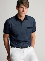 Brook Taverner Blue Two Tone Textured Cotton Polo Shirt - Image 3 of 4