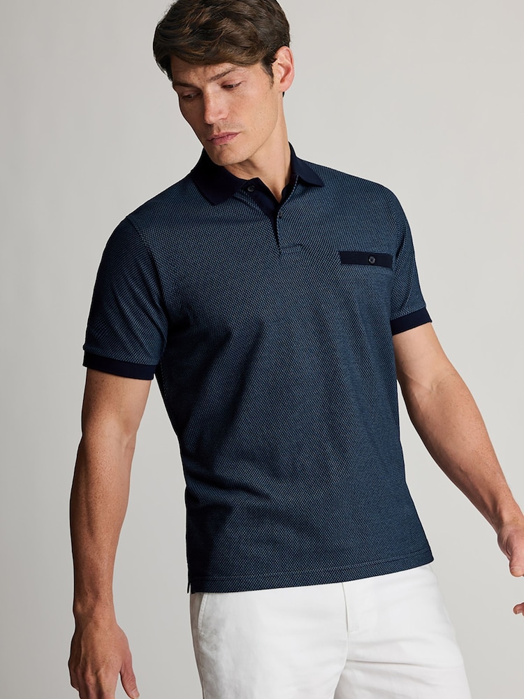 Brook Taverner Blue Two Tone Textured Cotton Polo Shirt - Image 4 of 4