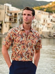 Brook Taverner Brown Tropical Print Short Sleeve Shirt - Image 1 of 6