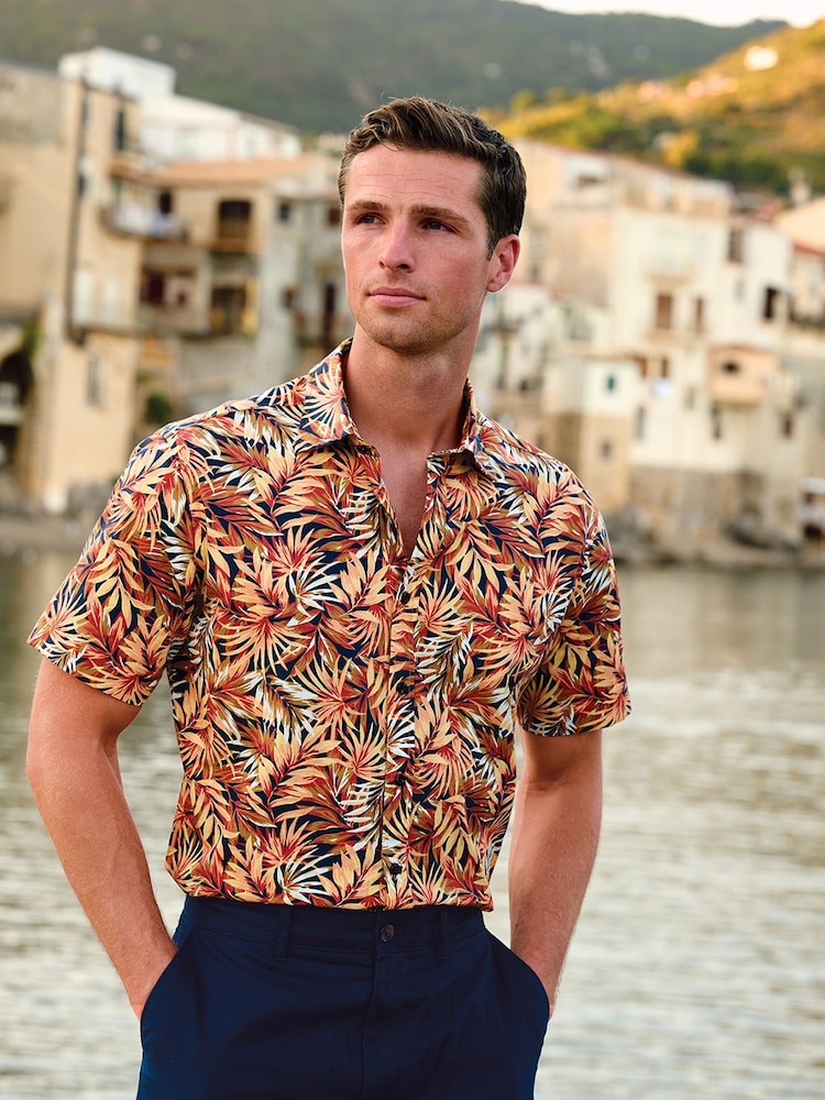Brook Taverner Brown Tropical Print Short Sleeve Shirt - Image 1 of 6