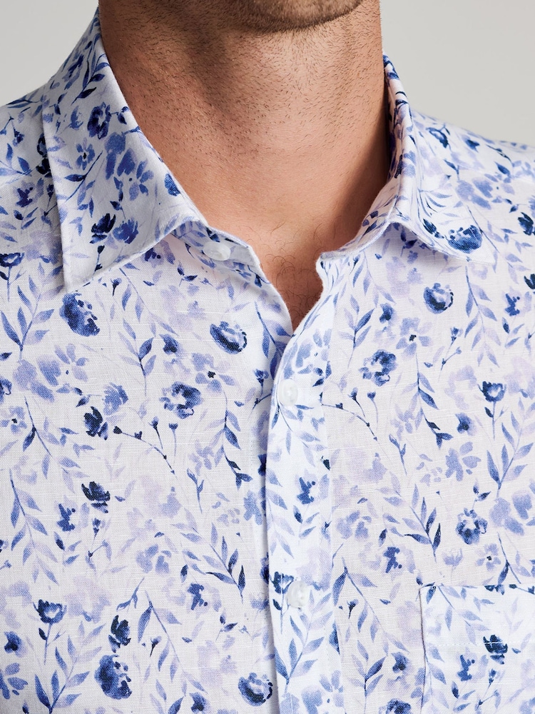 Brook Taverner Blue Floral Watercolour Linen Cotton Shirt - Image 2 of 5