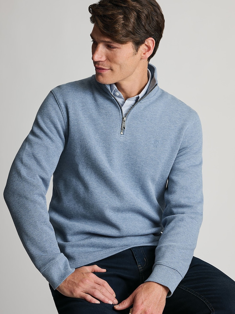 Brook Taverner Blue Melange French Rib Cotton Zip Neck Jumper - Image 9 of 9