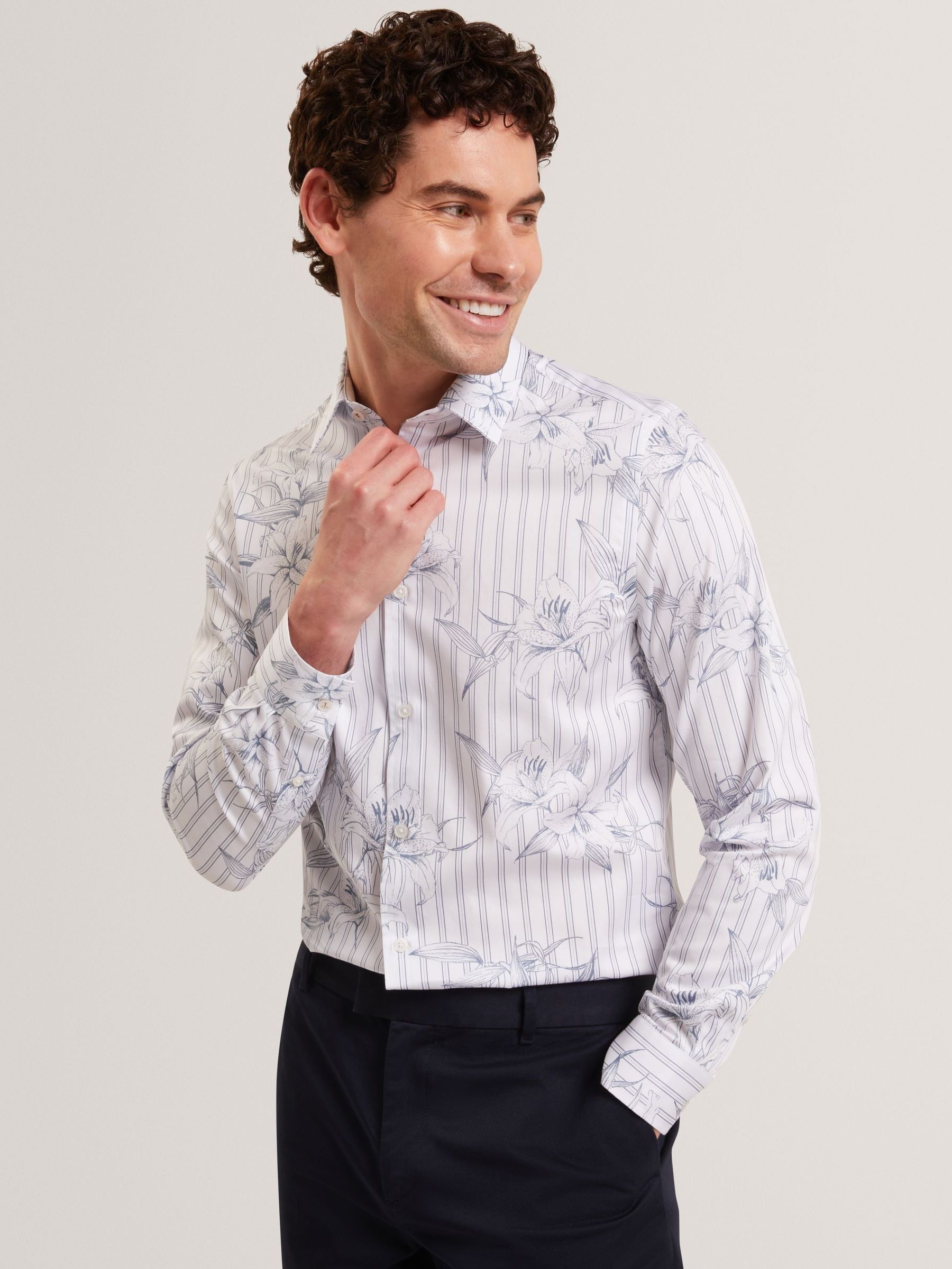 Ted Baker Men's Blue Long Sleeve Stripe Floral Shirt