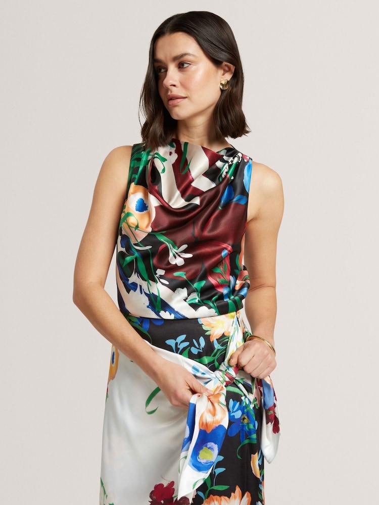 Ted Baker Black Drape Halter Neck Printed Top - Image 1 of 6 Ted Baker Black Drape Halter Neck Printed Top - Image 1 of 6