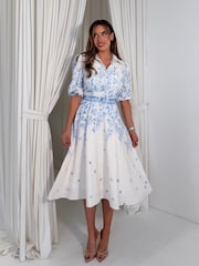 Girl In Mind Blue Holland Floral Border Print Midi Dress - Image 1 of 5