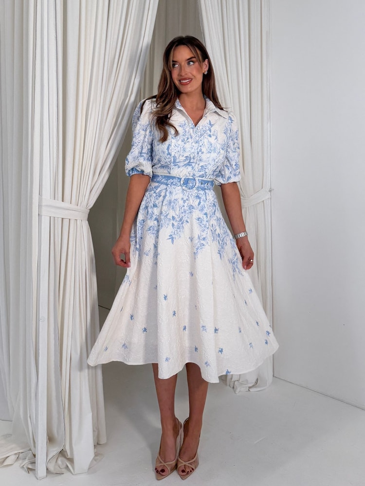 Girl In Mind Blue Holland Floral Border Print Midi Dress - Image 1 of 5