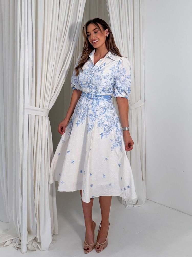 Girl In Mind Blue Holland Floral Border Print Midi Dress - Image 5 of 5