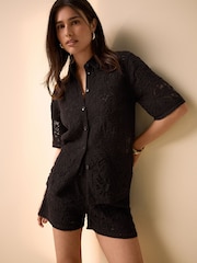 Chocolate Brown Crochet Short Sleeve Shirt - Image 1 of 7