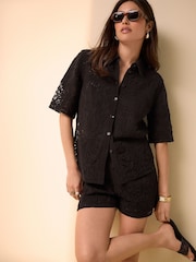 Chocolate Brown Crochet Short Sleeve Shirt - Image 2 of 7
