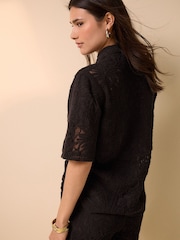 Chocolate Brown Crochet Short Sleeve Shirt - Image 3 of 7