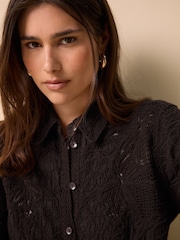 Chocolate Brown Crochet Short Sleeve Shirt - Image 4 of 7