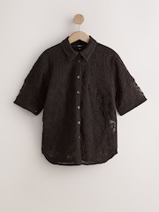 Chocolate Brown Crochet Short Sleeve Shirt - Image 5 of 7