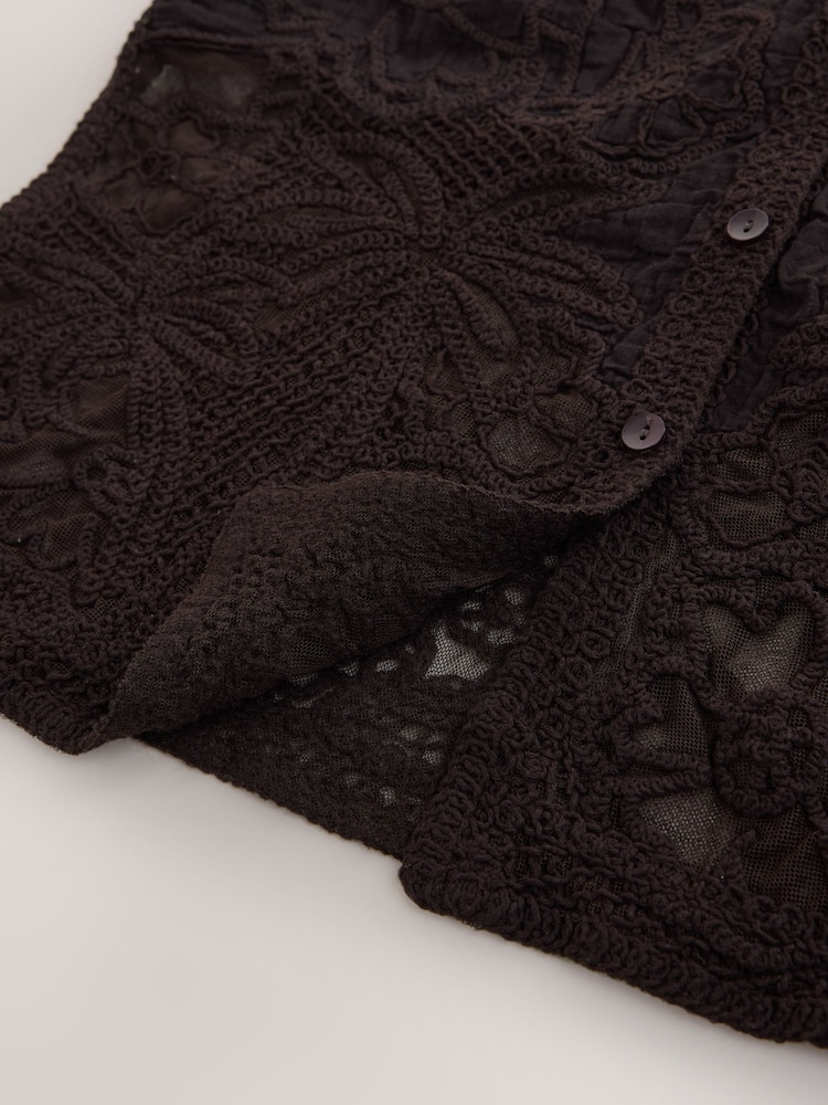 Chocolate Brown Crochet Short Sleeve Shirt - Image 7 of 7