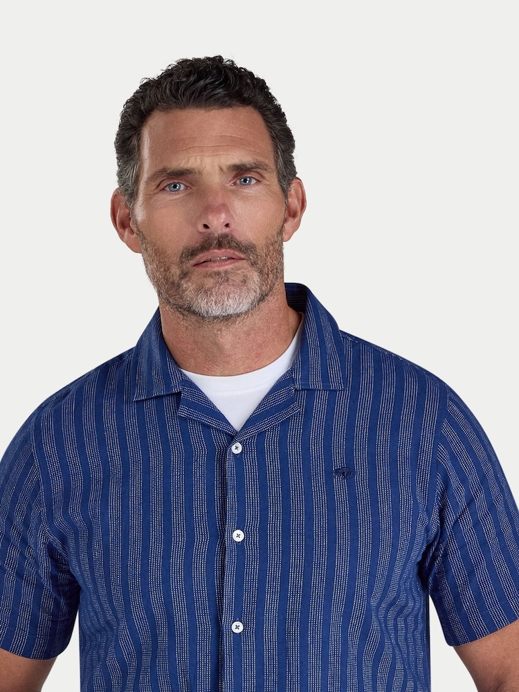 Raging Bull Blue Short Sleeve Athens Stripe Linen Revere Shirt - Image 1 of 4 Raging Bull Blue Short Sleeve Athens Stripe Linen Revere Shirt - Image 1 of 4