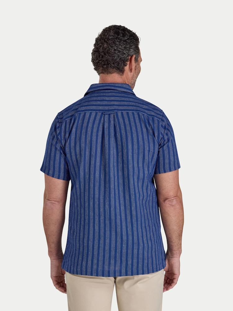 Raging Bull Blue Short Sleeve Athens Stripe Linen Revere Shirt - Image 2 of 4 Raging Bull Blue Short Sleeve Athens Stripe Linen Revere Shirt - Image 2 of 4