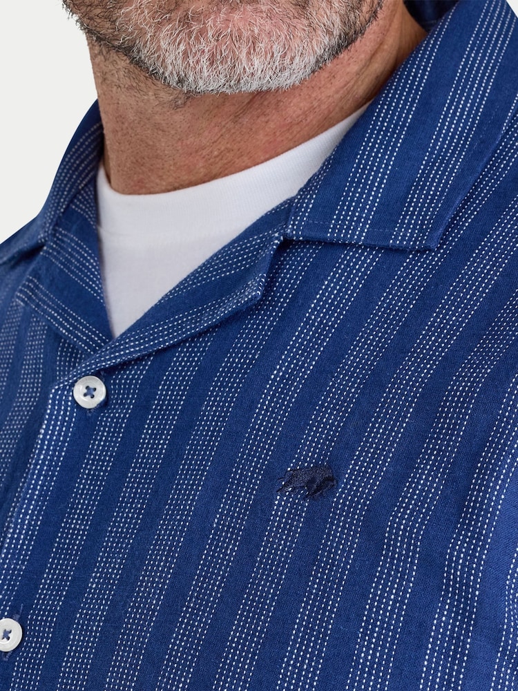 Raging Bull Blue Short Sleeve Athens Stripe Linen Revere Shirt - Image 4 of 4 Raging Bull Blue Short Sleeve Athens Stripe Linen Revere Shirt - Image 4 of 4
