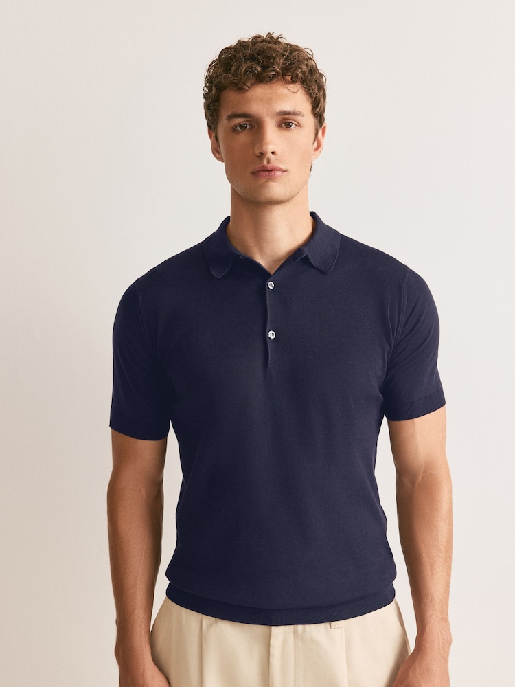 John Smedley Blue Adrian Short Sleeve Knitted Polo Shirt - Image 1 of 7