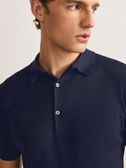 John Smedley Blue Adrian Short Sleeve Knitted Polo Shirt - Image 5 of 7