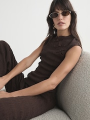 Chocolate Brown Short Sleeved Textured Knot Fastening Top - Image 1 of 8