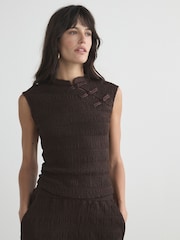 Chocolate Brown Short Sleeved Textured Knot Fastening Top - Image 3 of 8