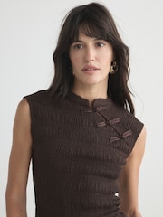 Chocolate Brown Short Sleeved Textured Knot Fastening Top - Image 5 of 8