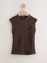 Chocolate Brown Short Sleeved Textured Knot Fastening Top - Image 6 of 8