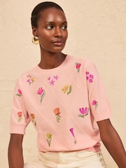 Love & Roses Pink Floral Embroidered Detail Crew Neck Short Sleeve Knitted Top - Image 1 of 5