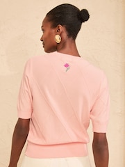 Love & Roses Pink Floral Embroidered Detail Crew Neck Short Sleeve Knitted Top - Image 3 of 5